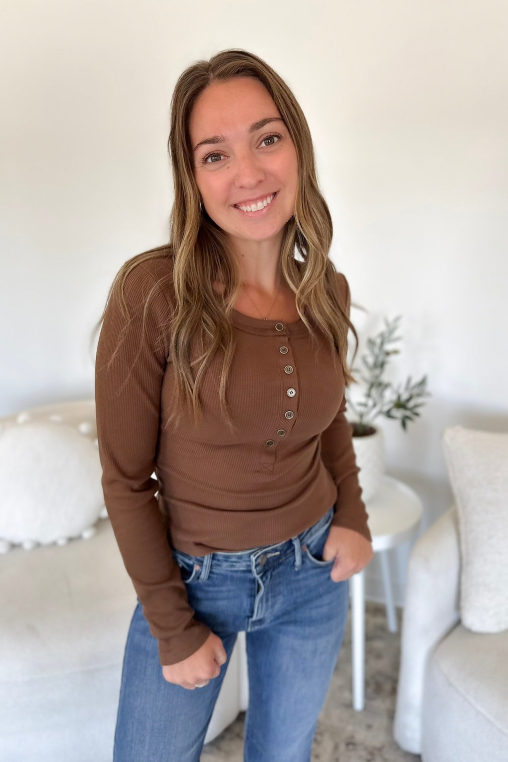 Brown Fitted Long Sleeve Henley Top