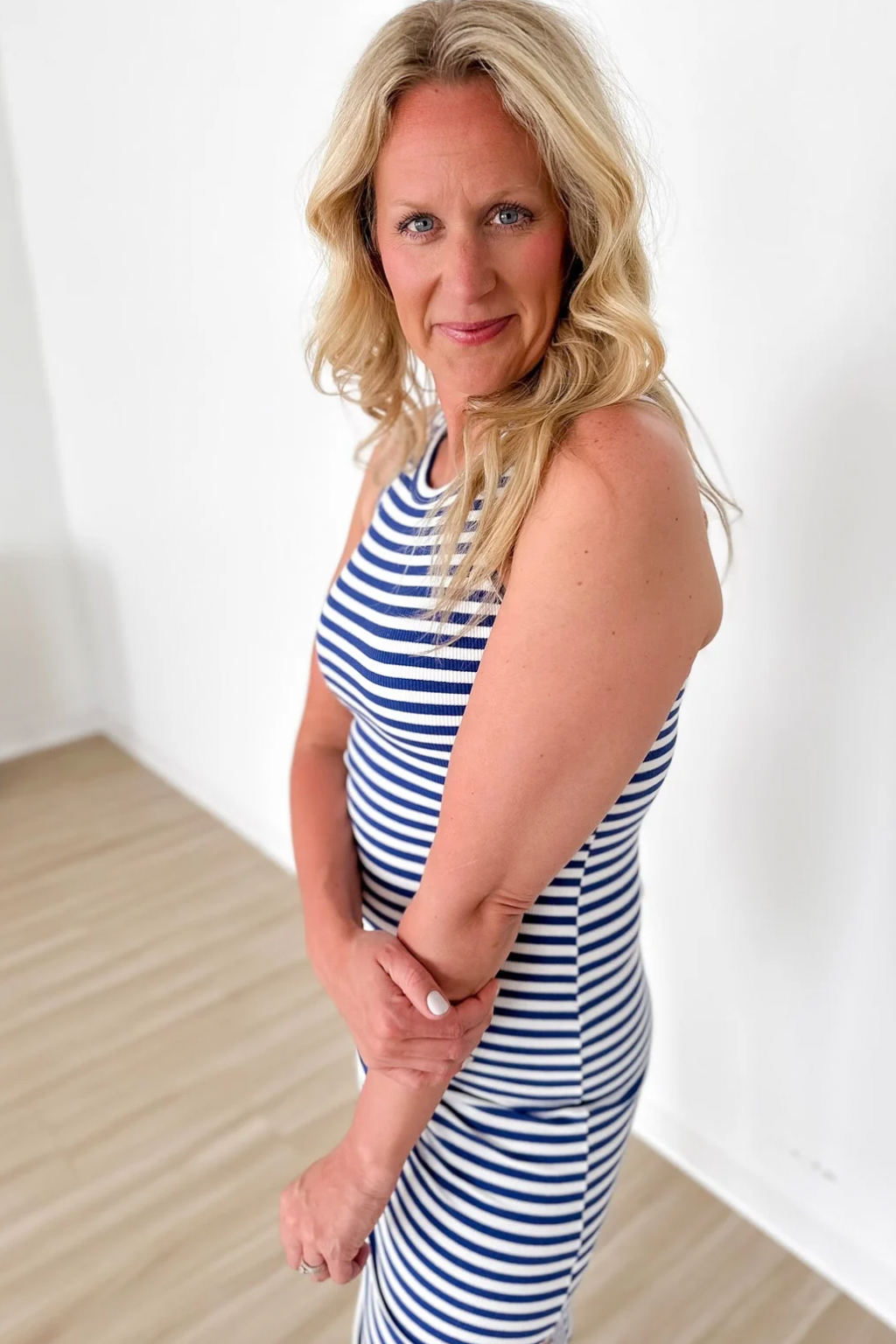 Blue/White Striped Ribbed Tank Midi Dress