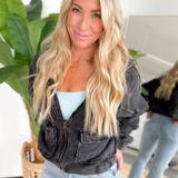 Waffle Knit Hoodie Zip Up Cropped Jacket