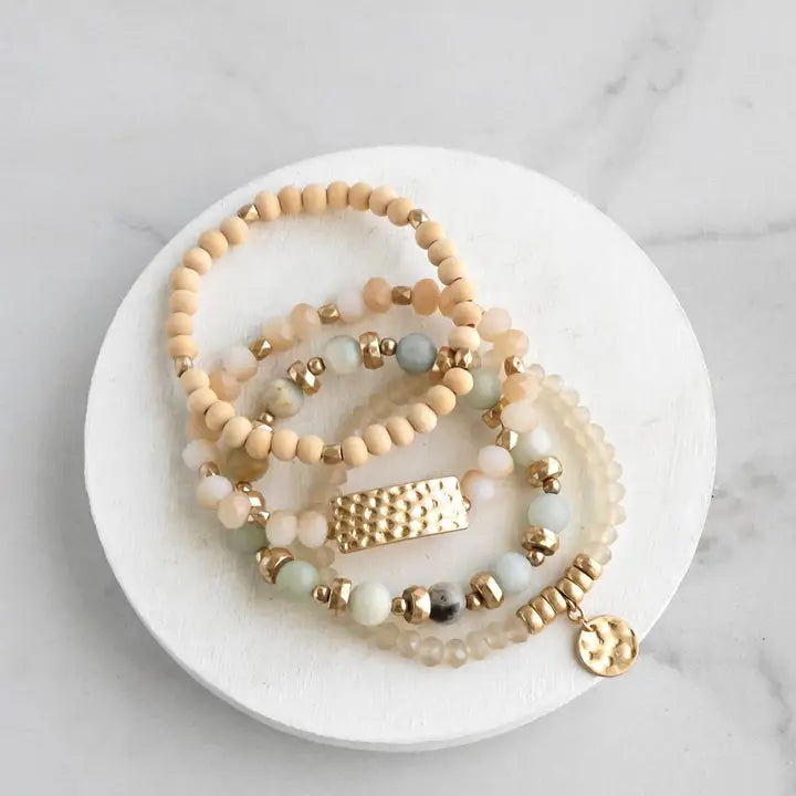 Beaded Bracelets Stack of 4 with Coin Wood and Amazonite