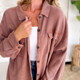 Chestnut Waffle Knit Button Up Top