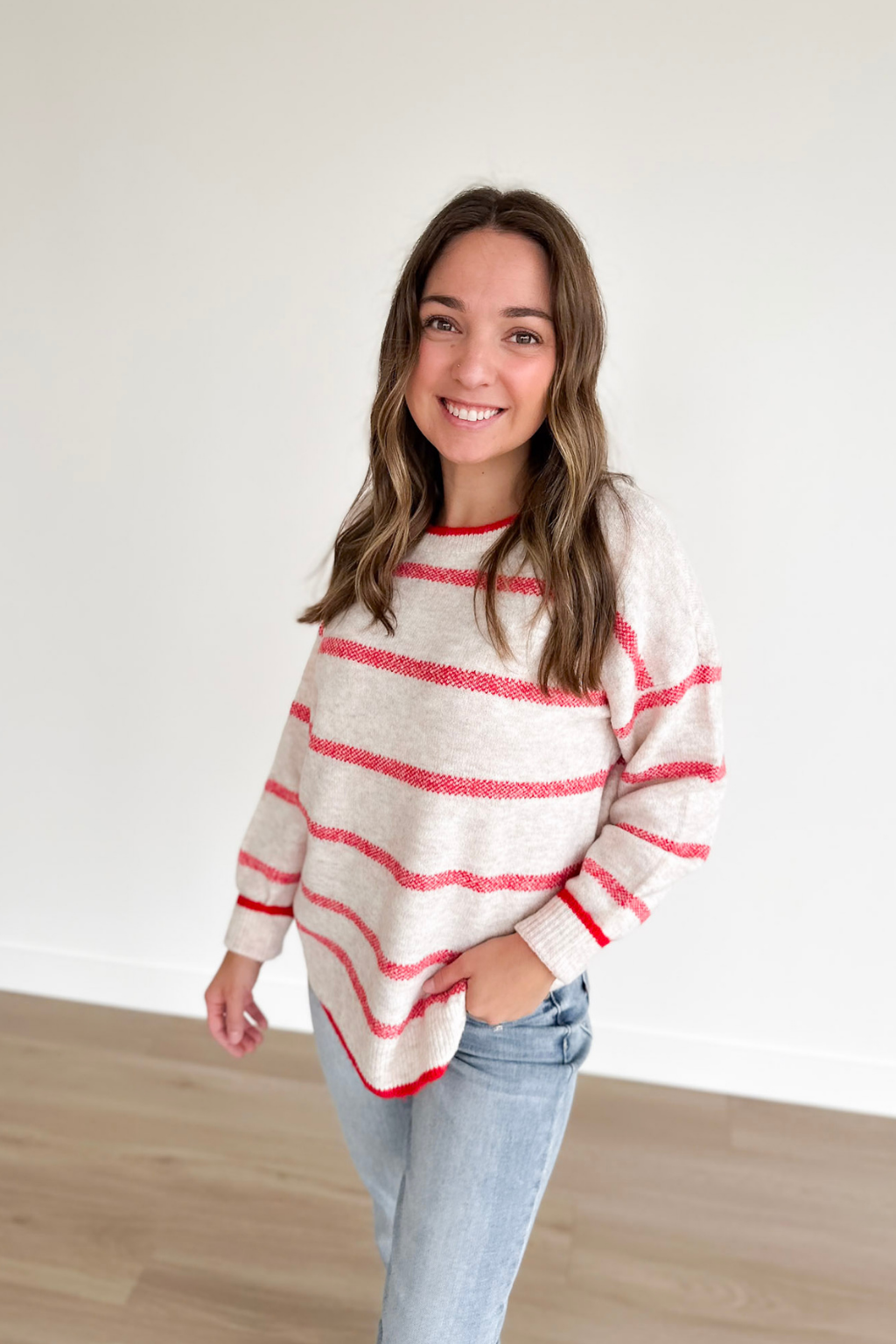 Red Long Sleeve Striped Pullover