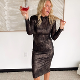 Mock Neck Black/Gold Midi Dress with Liner