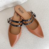 Double Strap Pointed Toe Cognac Mule