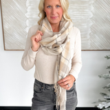 Beige Plaid Fringe Scarf