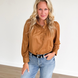 Camel Suede Ruffle Neck Top