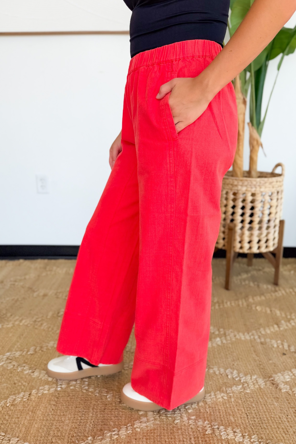 Red Cotton Wide Leg Elastic Waist Pants