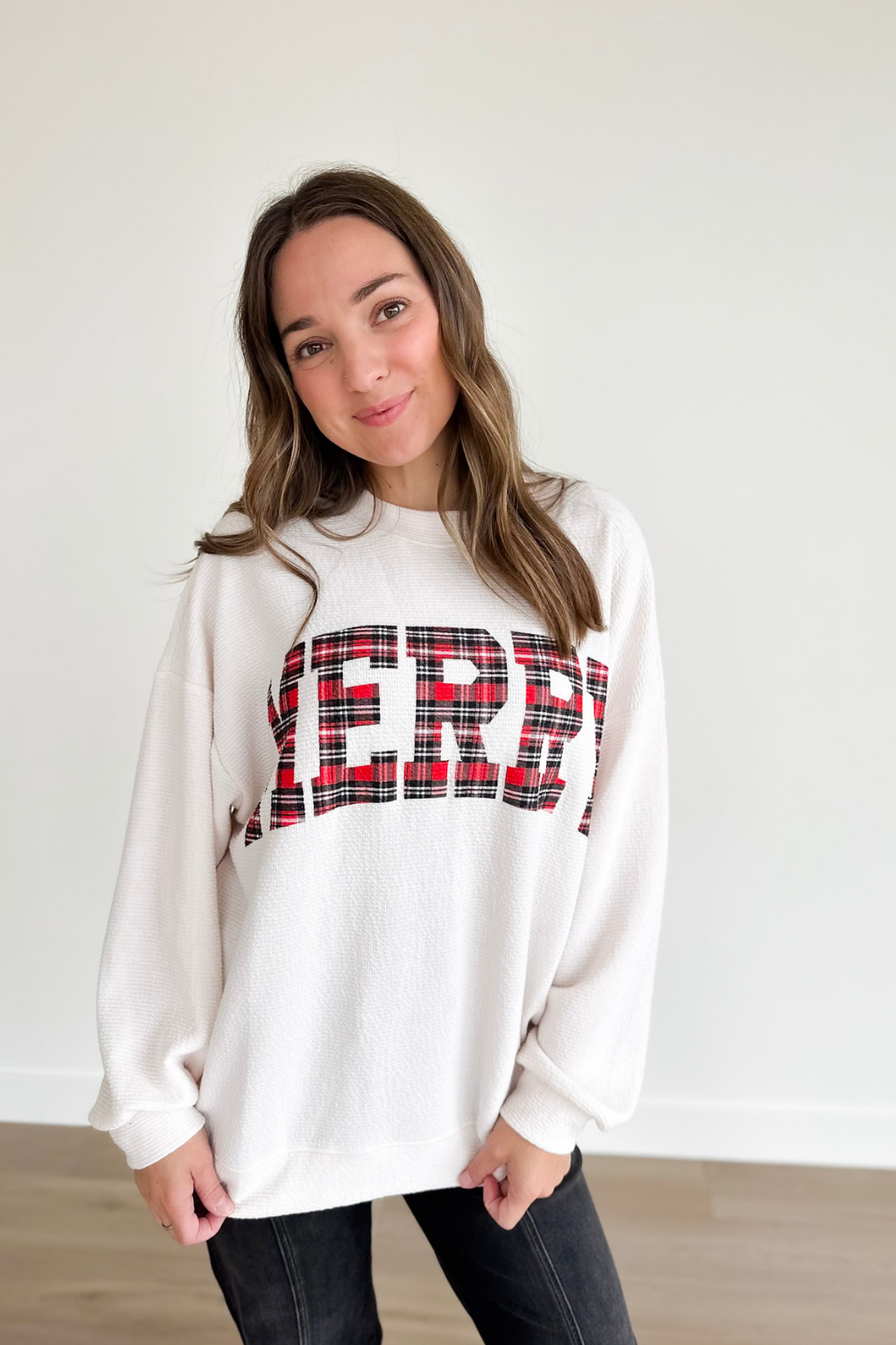 Merry Plaid Cream Knit Top