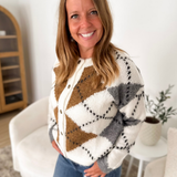 Ivory, Camel & Grey Patterned Knit Button Cardigan