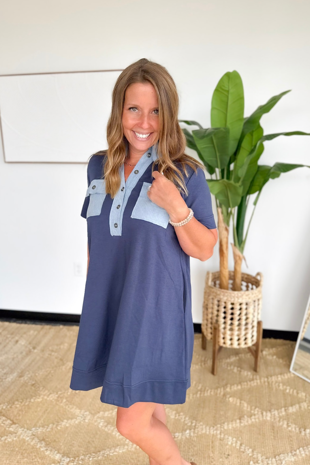 Navy Collared Mini Dress with Denim Accents