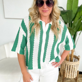 Collared Short Sleeve Button Green/Ivory Knit Top