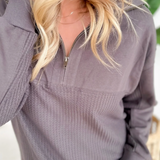 Grey Contrast Waffle Knit 1/2 Zip Pullover