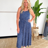 Navy Polka Dot Flare Midi Dress