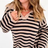 Tan & Black Striped Collared V-Neck Sweater