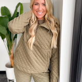 Alice 3/4 Zip Olive Quilted Pullover