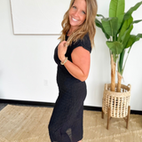 Black Textured Short Sleeve Midi Dress