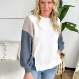 White/Taupe/Blue Color Block Pullover