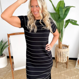 Black Soft Knit White Stripe Maxi Dress