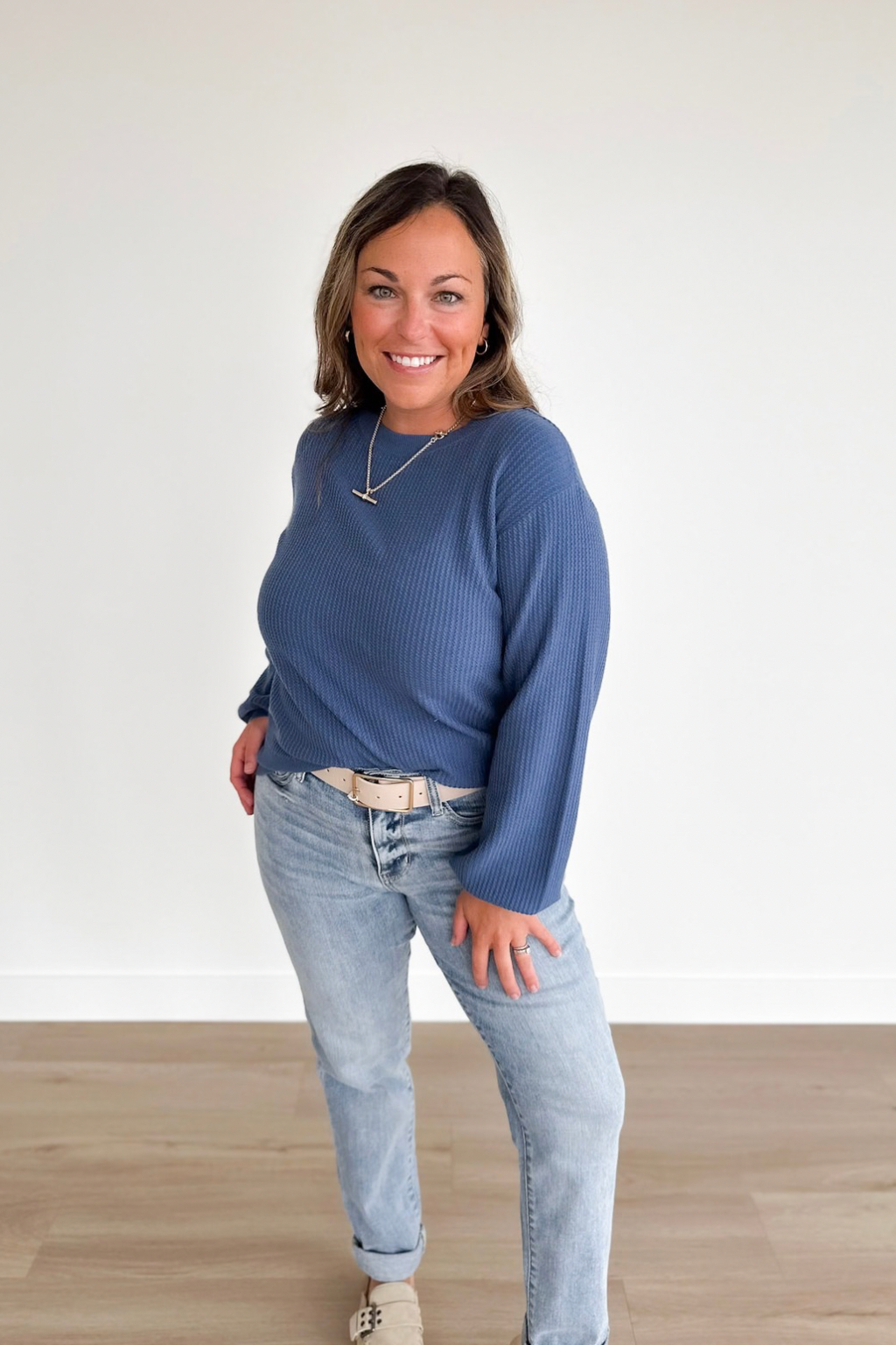 Blue Textured Long Sleeve Top