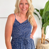 Navy Polka Dot Flare Midi Dress