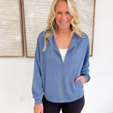 Casual Zip Up Relaxed Jacket-Blue