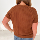 Brown Cable Knit Button Short Sleeve Top