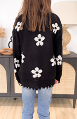Girls Flower Distressed Black Sweater