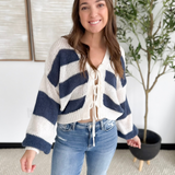 Cream/Navy Striped Knit Front Tie Cardigan