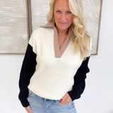 Colorblock Cream Ribbed Knit Relaxed Sweater