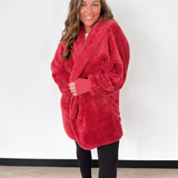 Red Fuzzy Hooded Cardigan-One Size