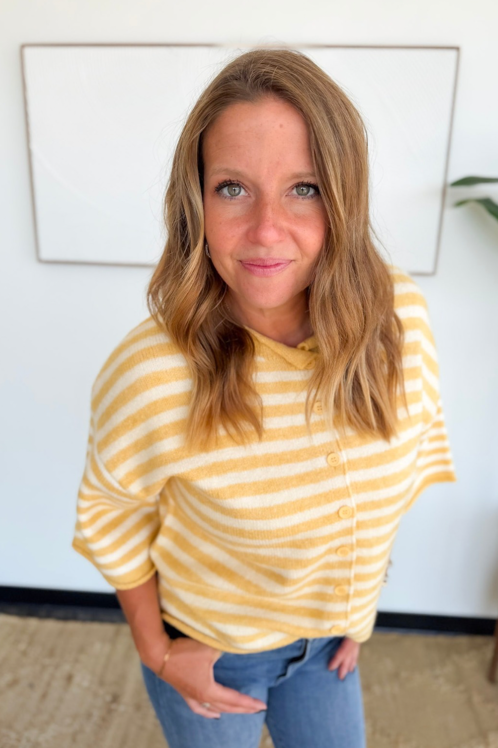 Short Sleeve Yellow & Ivory Button Up Top