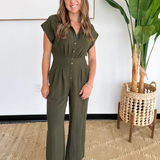 Olive Short Sleeve Button Wide Leg Jumpsuit