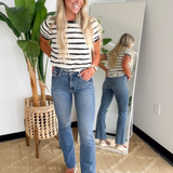 Ivory/Black Pointelle Striped Short Sleeve Top