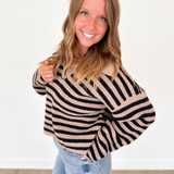Tan & Black Striped Collared V-Neck Sweater