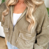 Waffle Knit Hoodie Zip Up Cropped Jacket