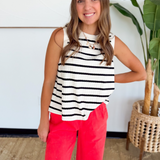 Black & Ivory Striped Ribbed Knit Tank Top