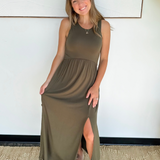 Olive Elastic Waist Tank Top Midi Dress
