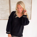 Black Knit V-Neck Contrast Stitch Sweater
