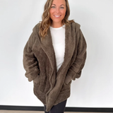 Olive Fuzzy Hooded Cardigan-One Size