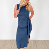 Textured Blue Sleeveless Side Tie Midi Dress
