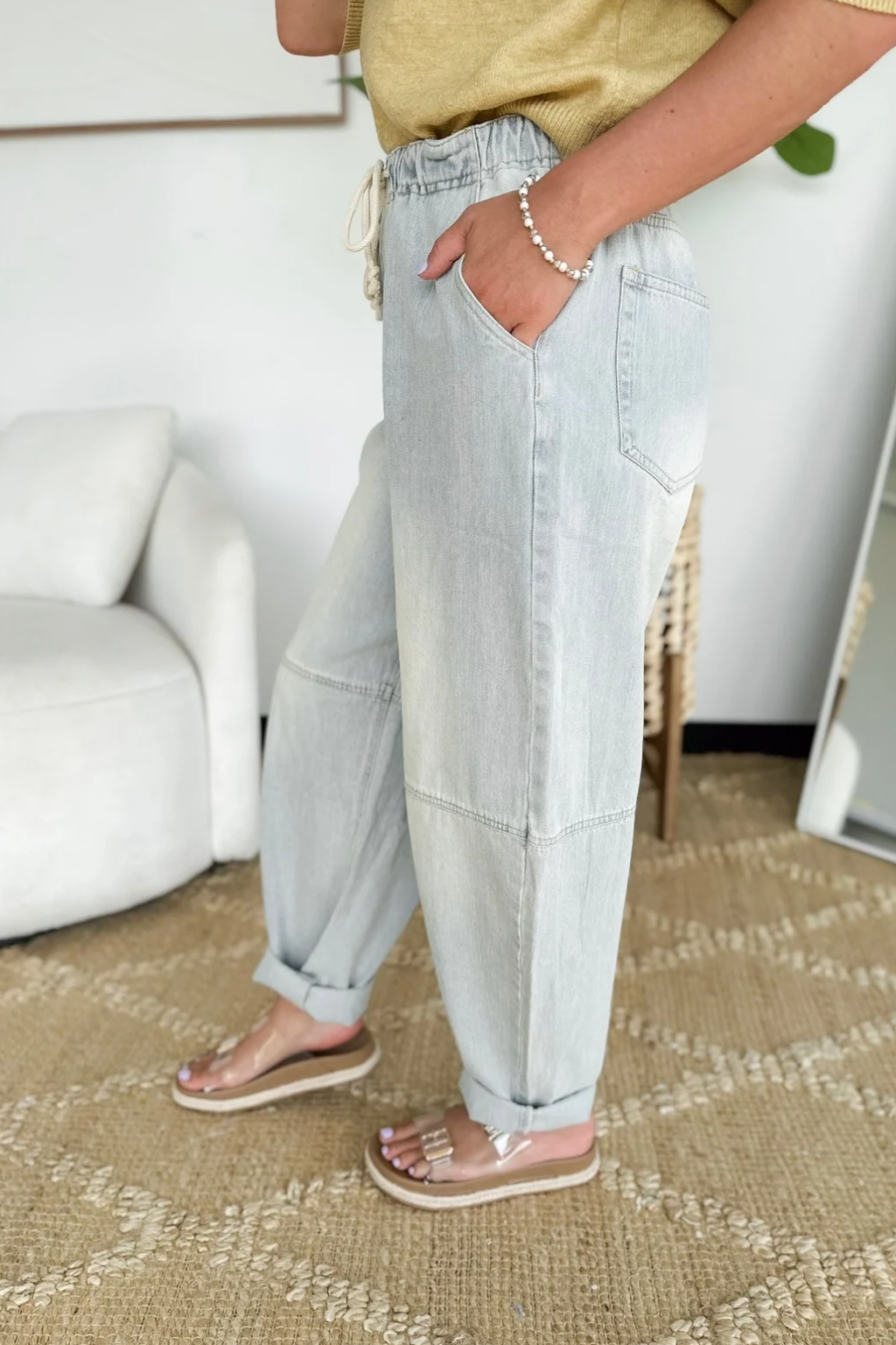 Madison Elastic Waistband Barrel Leg Jeans