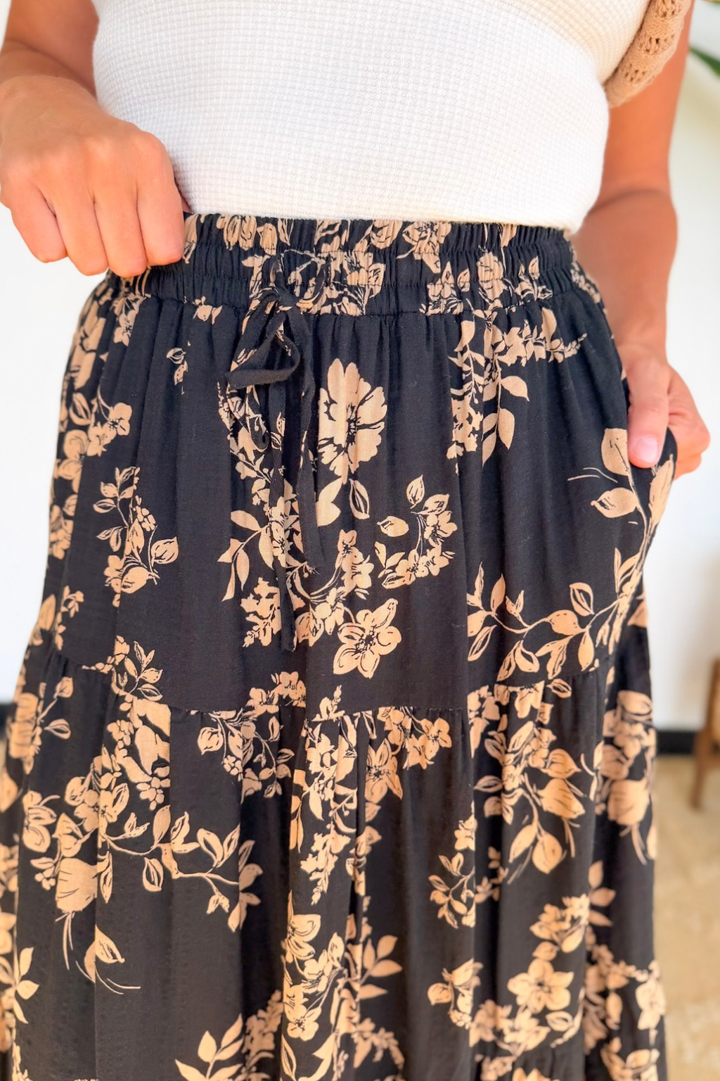 Mocha & Black Floral Midi Skirt