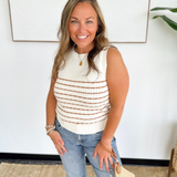 Cream Knit Thin Rust Striped Sleeveless Top