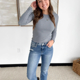 Fitted Round Neck Long Sleeve Top-Pebble Grey