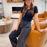 Washed Black Denim Elastic Waist Pants