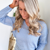 Blue Open Knit Split Neck Top