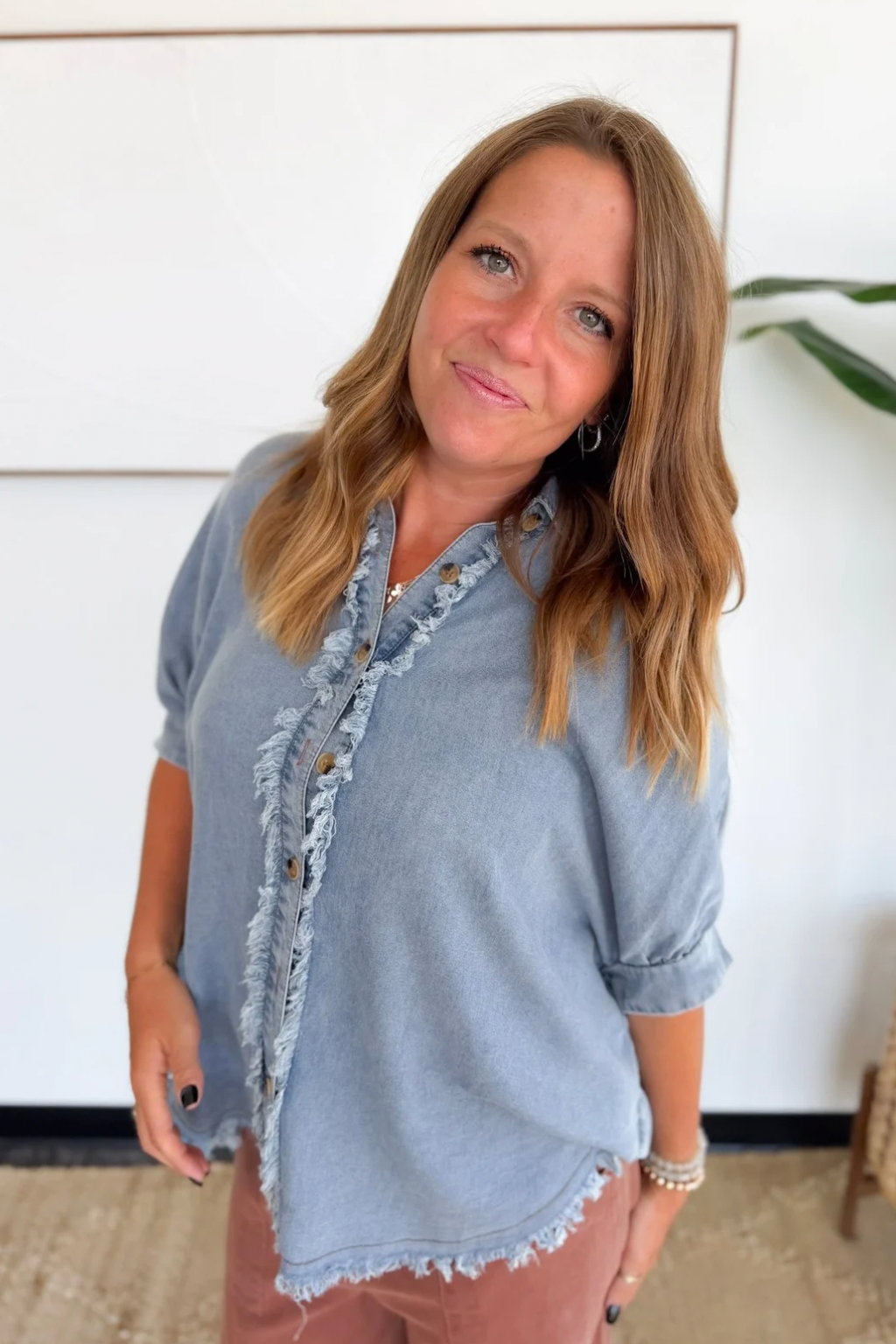Frayed Trim Relaxed Denim Button Up Top