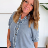 Frayed Trim Relaxed Denim Button Up Top