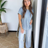 Chambray Vertical Striped Short Sleeve Top