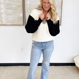 Colorblock Cream Ribbed Knit Relaxed Sweater